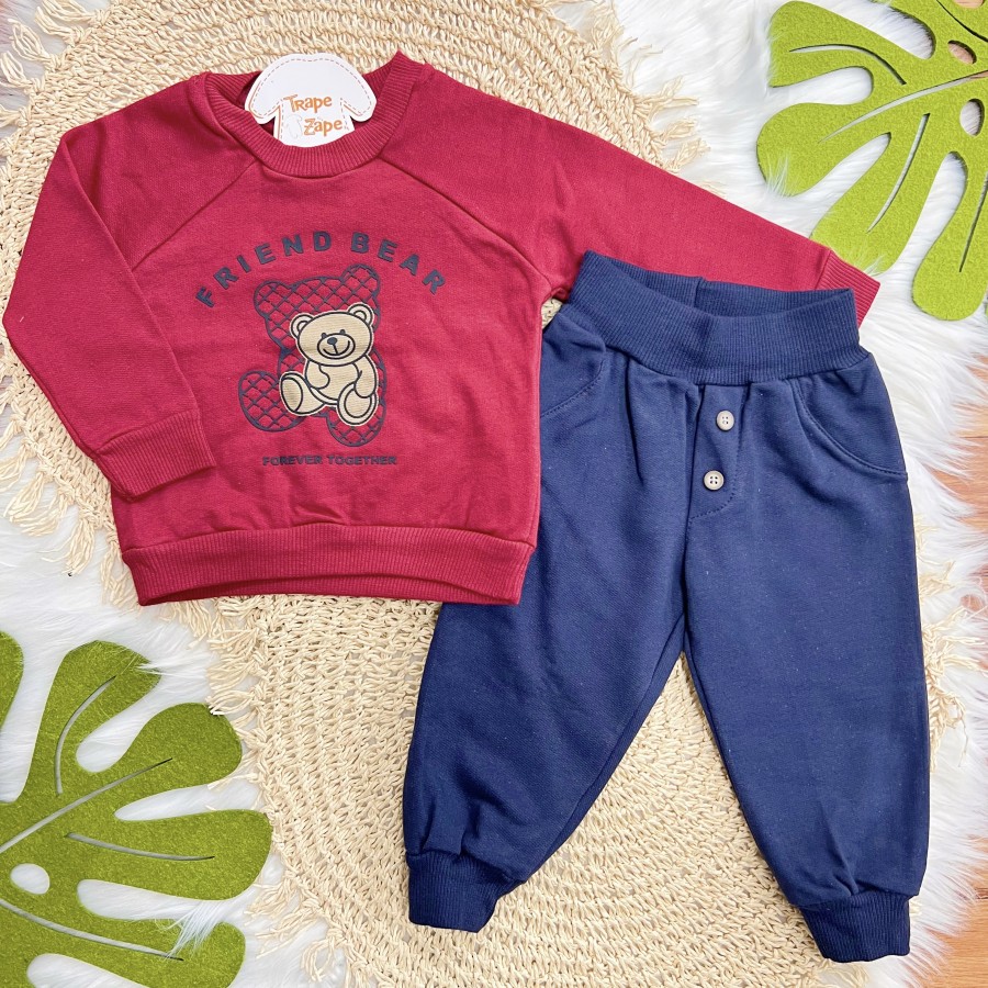 Conj. Casaco Friend Bear e Calça de Moletom - Vermelho